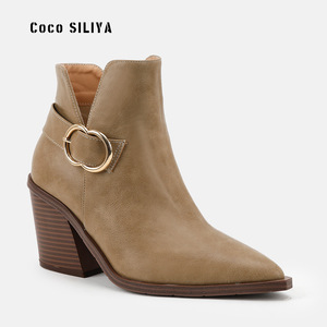 Botines de Mujer Coco SILIYA con Punta Puntiaguda, Tacón Grueso, Hebilla, Forro de Cuero Genuino, Aumento de Altura, Color Sólido - Product Image 4