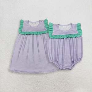 Ensemble de vêtements d'été respirant pour bébés filles, rayé violet, comprenant une barboteuse sans manches verte à volants et une robe pour tout-petits - Product Image 4