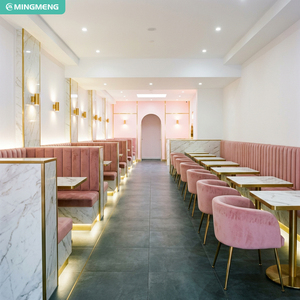 ชุดที่นั่งบูธร้านอาหารหุ้มเบาะสีชมพู โต๊ะรับประทานอาหารหินเผา และเก้าอี้หนัง PU สำหรับร้านขนมหวาน คาเฟ่ - Product Image 2