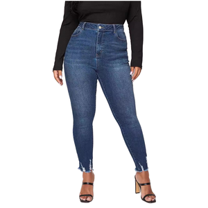 Pantalones vaqueros ajustados azules de talla grande para <span class=keywords><strong>mujer</strong></span>, mallas de lápiz elásticas de cintura alta, estilo Mom Fit, mezclilla ajustada con dobladillo deshilachado para invierno - Product Image 6