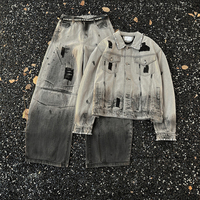 Ensemble 2 pièces pour homme : Veste déchirée à perles et Jean large en denim, Nouvelle collection automne, Style mode urbaine, Manteau tie-dye rétro et Pantalon