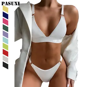 Traje de Baño PASUXI de Dos Piezas para Mujer, Bikini Sexy de Cintura Alta, Color Sólido, Ropa de Playa - Product Image 1