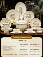 Service de table en porcelaine fine à motif bleu et bord doré, design classique, résistant à la chaleur et compatible lave-vaisselle, comprenant bols, assiettes et soupière