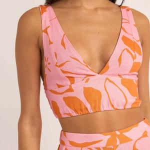 Ensemble de vêtements pour femmes de luxe de haute qualité, imprimé hawaïen, haut sans manches à col en V profond, pantalon, sur mesure, 100% lin - Product Image 4