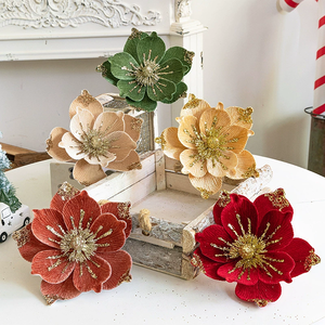 Usine En Gros Réaliste Tissu Glitter <span class=keywords><strong>Poinsettia</strong></span> De Noël Fleurs Artificielles pour Arbre Décoration Vacances Floral Picks - Product Image 1