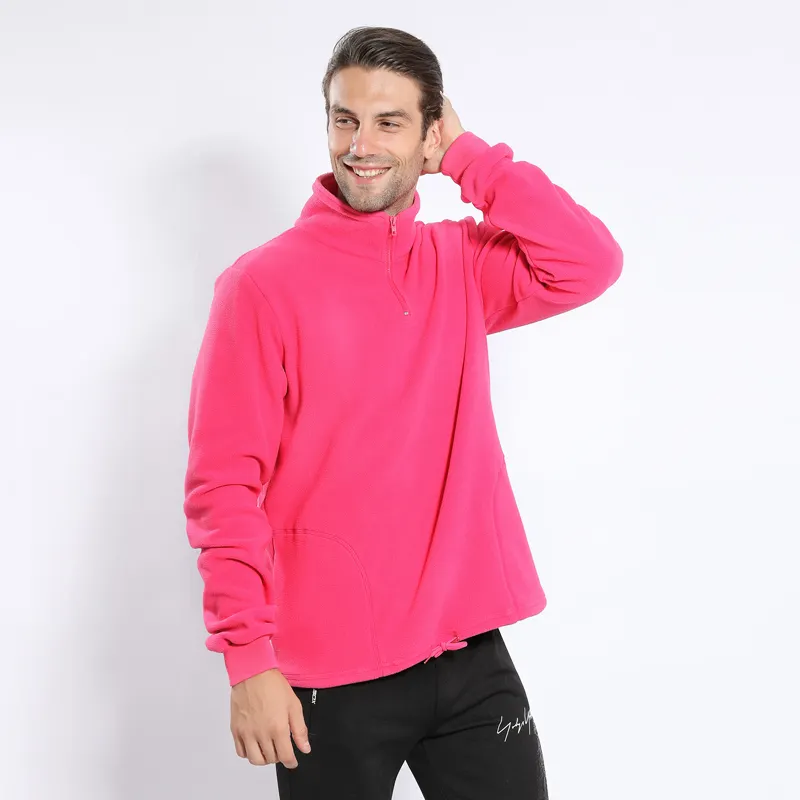 Double sided polar fleece men's pink loose fasion stand-collar sweatshirt with two pockets men's warm with patchwork hoody