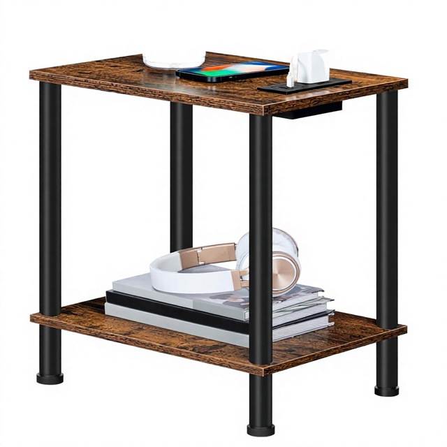 Side Table Charging Station End Table USB Port Outlet Nightstand 2-Layer Storage Shelves Small Spaces Living Room Bedroom