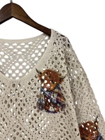 Pull en tricot pour femme motif vache des Highlands 2026, style Western Bohème, col en V, coupe oversize, maille pointelle, 100% Polyester, imprimé numérique