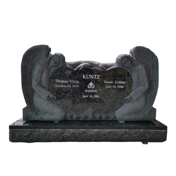 SHIHUI Chinese Granite Blue Pearl Wings Around Heart Headstone Monument,Headstone Angel Tombstone With Double Heart