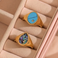 Bijoux de mode étanche 18K plaqué or en acier inoxydable Turquoise chevalière goutte d'eau ormeau coquille Zircon anneau pour les filles