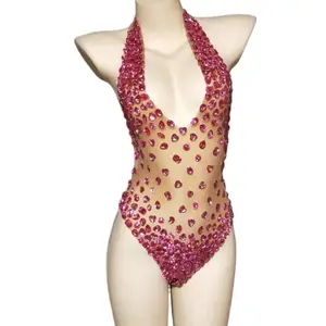 Seksi Halterneck Backless Rhinestone Leotard kristal tek parça tulum kutup dans sahne kostüm kadınlar kulübü Bodysuits