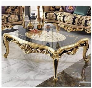 Mesa de Centro Redonda de Madera Maciza Hecha a Mano, Duradera, Tradicional, con Detalles Decorativos en Dorado Antiguo, para Sala de Estar - Product Image 1