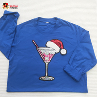 Patchs thermocollants personnalisés grand format pour vêtements, motif Père Noël avec verre à vin, paillettes, sequins et broderie chenille
