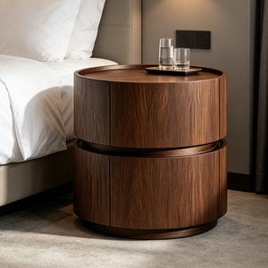 Mesita de Noche Redonda Francesa Negra de Madera Creativa con 2 Cajones, Gabinete Moderno para Dormitorio, Mesa Auxiliar para Sala de Estar/Apartamento - Product Image 3