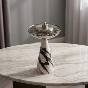 Brûleur d'encens de luxe en marbre avec base en métal argenté brossé, encensoir Bakhoor avec couvercle perforé, décoration d'intérieur - Product Image 1