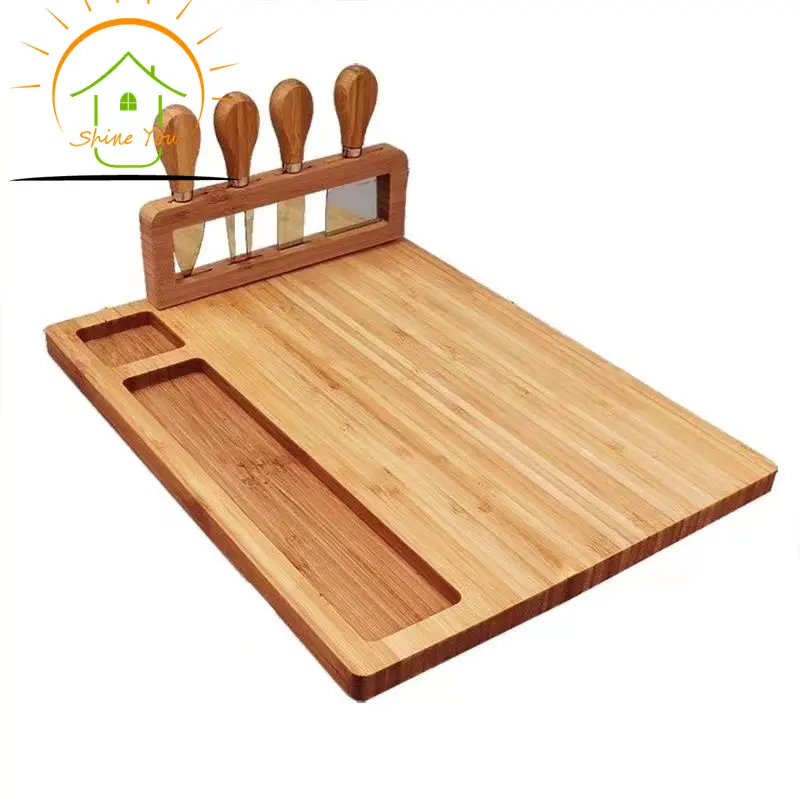 Wholesale Custom Logo Wooden Bamboo Charcuterie Platter And Serving Cheese Board Set With 4 Knife Set