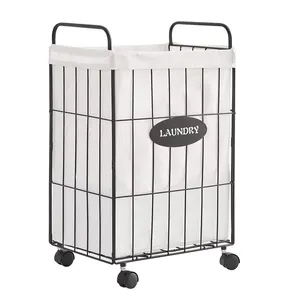 Laundry Hamper Cart Sorter Iron Dirty Laundry Hamper Folding Wire Laundry Storage Basket with Detachable Liner