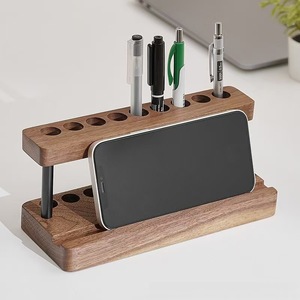 Portalápices de madera con soporte para teléfono, organizador de escritorio multifuncional, forma cuadrada, material de árbol, estante de almacenamiento de papelería para oficina - Product Image 1