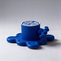 Ensemble de tasses en porcelaine bleu Klein créatif en gros, tasse à café chinoise Double Bonheur avec soucoupe nuage ondulé pour cadeau de mariage