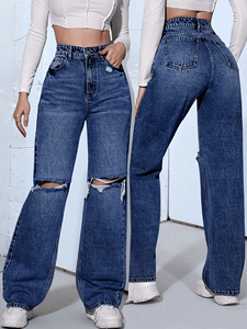 Vaqueros de cintura alta rasgados de pierna ancha para mujer, de mezclilla sólida, largos, desgastados, informales, para otoño, 100% algodón, ajuste holgado - Product Image 3