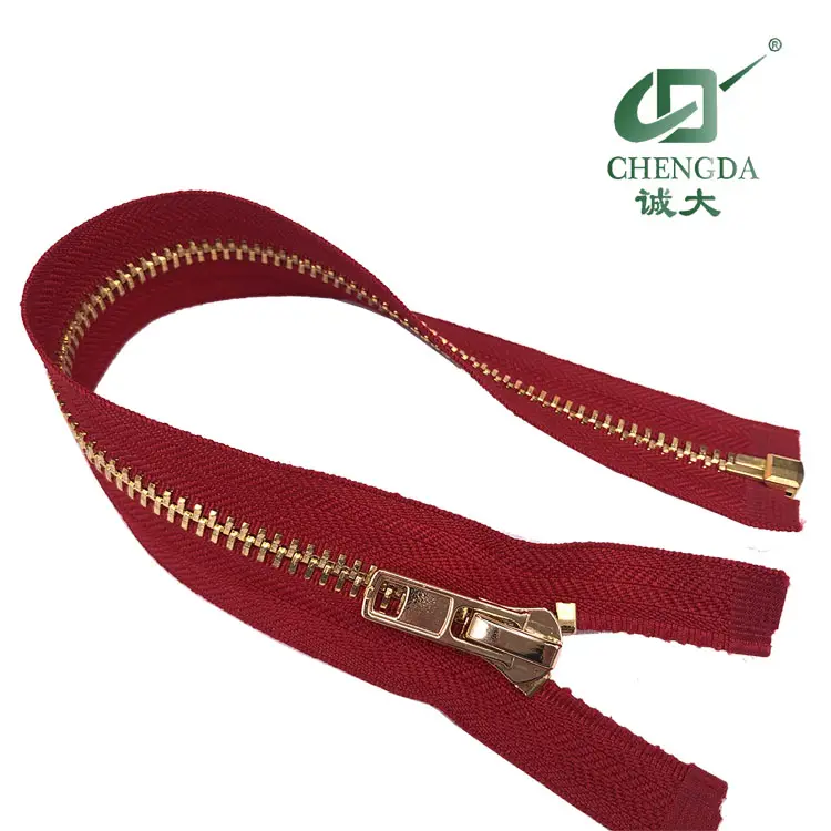 CHENGDA new Fashion metal Zipper Open close end Customized shiny Gold teeth brass gold zipper for jacket two way double slider