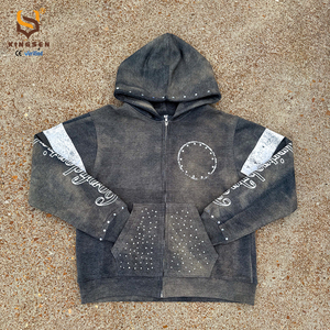 Sudadera con capucha rosa para hombre con logo personalizado de pedrería, estilo Y2K streetwear, con cremallera, efecto desgastado por el sol, corte holgado, lavado ácido y desgastado - Product Image 2