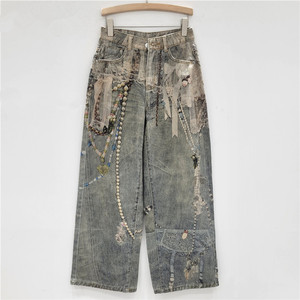 Jeans da Donna a Gamba Larga con Stampa, Catena di Perle e Pizzo, Nuova Moda Casual Autunno 2026 - Product Image 1