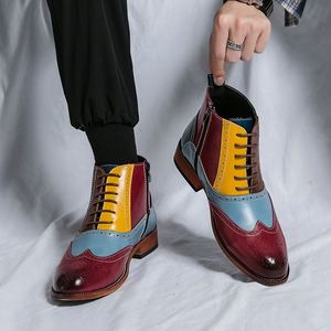 Bottines pour hommes à blocs de couleur en cuir véritable à lacets, bout pointu, tendance mode toutes saisons, style patchwork - Product Image 6