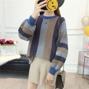 Hot Sale Round Neck Long Sleeve Woman High Quality Thick Winter Striped Pullover Sweater Ladies Knitwear Patchwork Jumpers