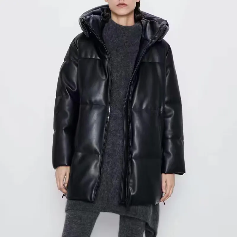 Winter Loose Solid Parkas Women Fashion Hooded Long Coats Women Elegant PU Leather Cotton Jackets Female Ladies