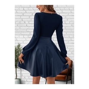 Women's Navy Blue Leather Skirt Dress Long Sleeve A Line Cocktail Dress - Product Image 3