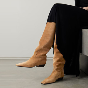 Size 46 Women Suede Knee High <b>Boots</b> Low Chunky Heels Suede Shoes on Wide Fit Pointed Toe Long <b>Boots</b> - Product Image 1