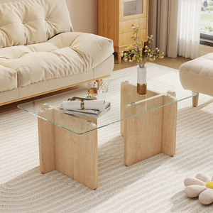Modern Glass Top Coffee Table with Solid Wood Base Eco-Friendly & Durable for Apartment Living Room - Product Image 1