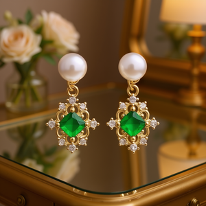 Orecchini pendenti vintage placcati in oro con zirconi verdi e perle finte per gioielli da festa da donna - Product Image 2