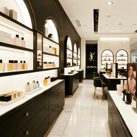 Edgy Luxe Cosmetics Boutique Featuring Tiered Open Shelves, Partial Enclosure Checkout, and Integrated LED Display Shelves