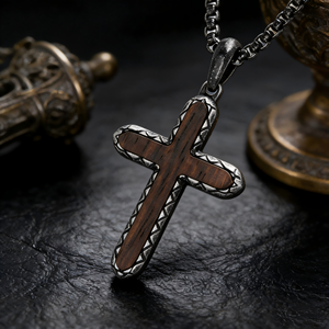 Collier en bois d'ébène naturel et croix vintage <span class=keywords><strong>pour</strong></span> <span class=keywords><strong>homme</strong></span>, bijoux religieux durables en acier inoxydable, vente en gros - Product Image 3