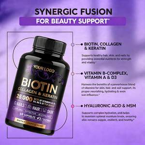 Biotina, Colágeno y Queratina 25000mg, <span class=keywords><strong>Complejo</strong></span> Multivitamínico de Belleza, Cápsulas de Suplemento Dietético, 60 Cápsulas/Botella, 2 Cápsulas por Porción - Product Image 3