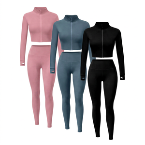 Seamless Yoga Set 2 Piece <b>Women</b> Zip up Crop Top Thumbholes High Waist <b>Leggings</b> Activewear Leopard Print Quick Dry Spandex/Nylon - Product Image 1