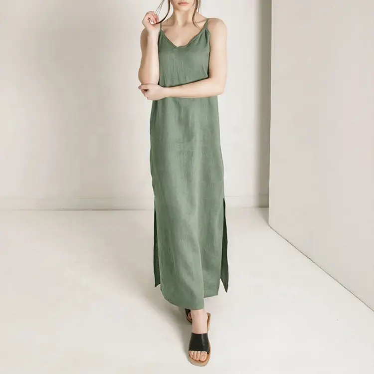 Neue elegante retro ärmellose Baumwollkleidung Blendur Urlaub Sommer lange Kleider weiches tiefes V-Hohe Split-Maxi-Kleid