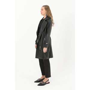 เสื้อโค้ทหนังสีดำสำหรับผู้หญิง สไตล์มินิมอล แขนยาว ผ้าทอ กันน้ำ แจ็คเก็ตตัวยาว - Product Image 2