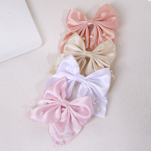 CN 4 piezas pinzas para el cabello hechas a mano Color sólido pasador tela satén perla lazos para el cabello Clip para niñas mujeres - Product Image 6