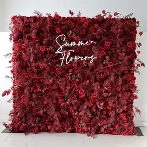 Wedding Supplier Silk 3D Artificial Flower Wall For Wedding Backdrop Decoration Cloth Back Roll Up Red Flower Wall