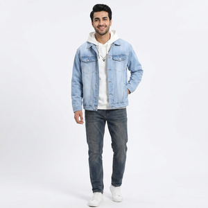 Veste en jean pour homme de marque High Street à col montant, couleur unie délavée, coupe personnalisée, rivet respirant teint sur le devant - Product Image 1