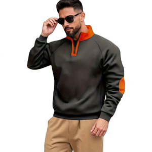Men's Casual <b>Fleece</b> Anti-Pilling Polyester Sweatshirt Black <b>Orange</b> Contrast Stand Collar Regular Fit Autumn Wear Pullover - Product Image 2