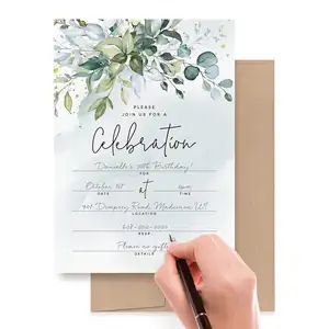 Carte d'invitation de fête d'anniversaire d'événement de dîner de mariage d'aquarelle de feuille verte avec invitation inscriptible d'enveloppe