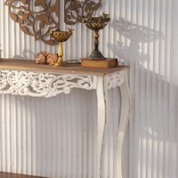 Table console en bois sculpté style shabby chic, table d'entrée vintage blanche vieillie, table de canapé à motifs floraux pour la décoration de la maison