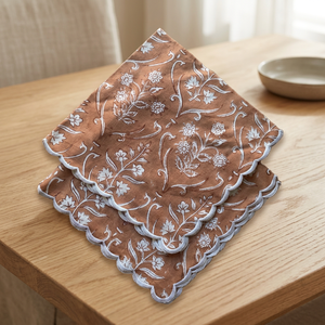 Servilletas Bordadas con Flores Blancas y Marrones, Hechas a Mano, Estampadas con Bloques Indios, 100% Algodón Puro, Ecológicas - Product Image 3