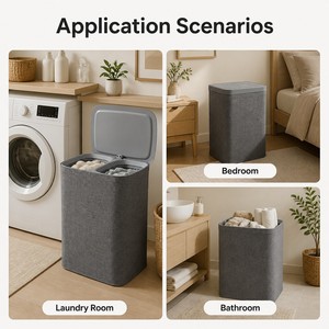 <span class=keywords><strong>Panier</strong></span> à linge pliable en plastique avec couvercle, idéal pour la salle de bain, pour organiser les vêtements sales, avec support portable et compartiments de séparation - Product Image 2