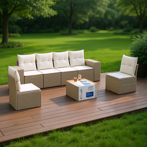 Conjunto de Sofás Modulares de Jardín de Mimbre Sintético, 7 Piezas, Muebles de Exterior, Estilo de Diseño Contemporáneo, Beige - Product Image 2