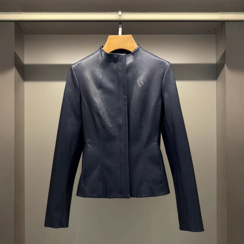 5178 Spring New Product Stretch Sheepskin O-neck Short Style Genuine Sheepskin Leather Slimming Jacket with Zipper